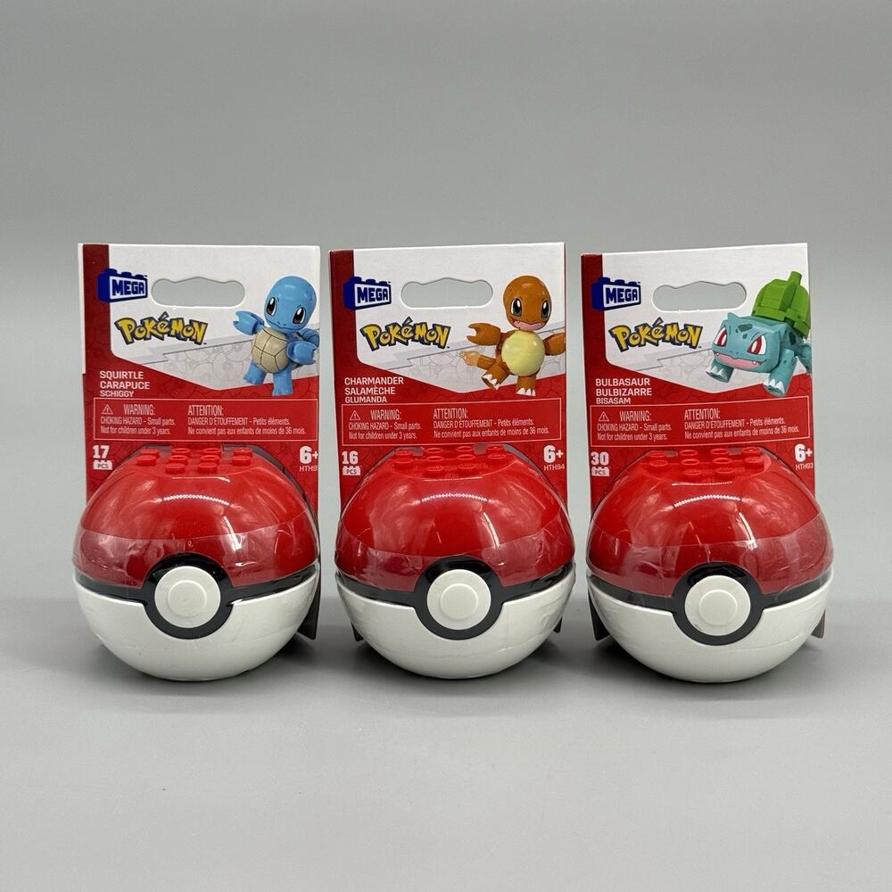 MEGA Construx Pokémon Charmander Squirtle Bulbasaur PokéBall Container Lot of 3